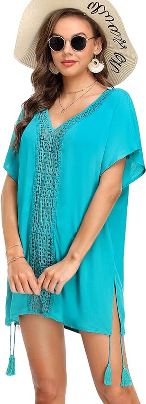 [Aimage] Teal V-Neck Crochet Lace Tasseled Side Slits Swim Coverup Sz Medium M